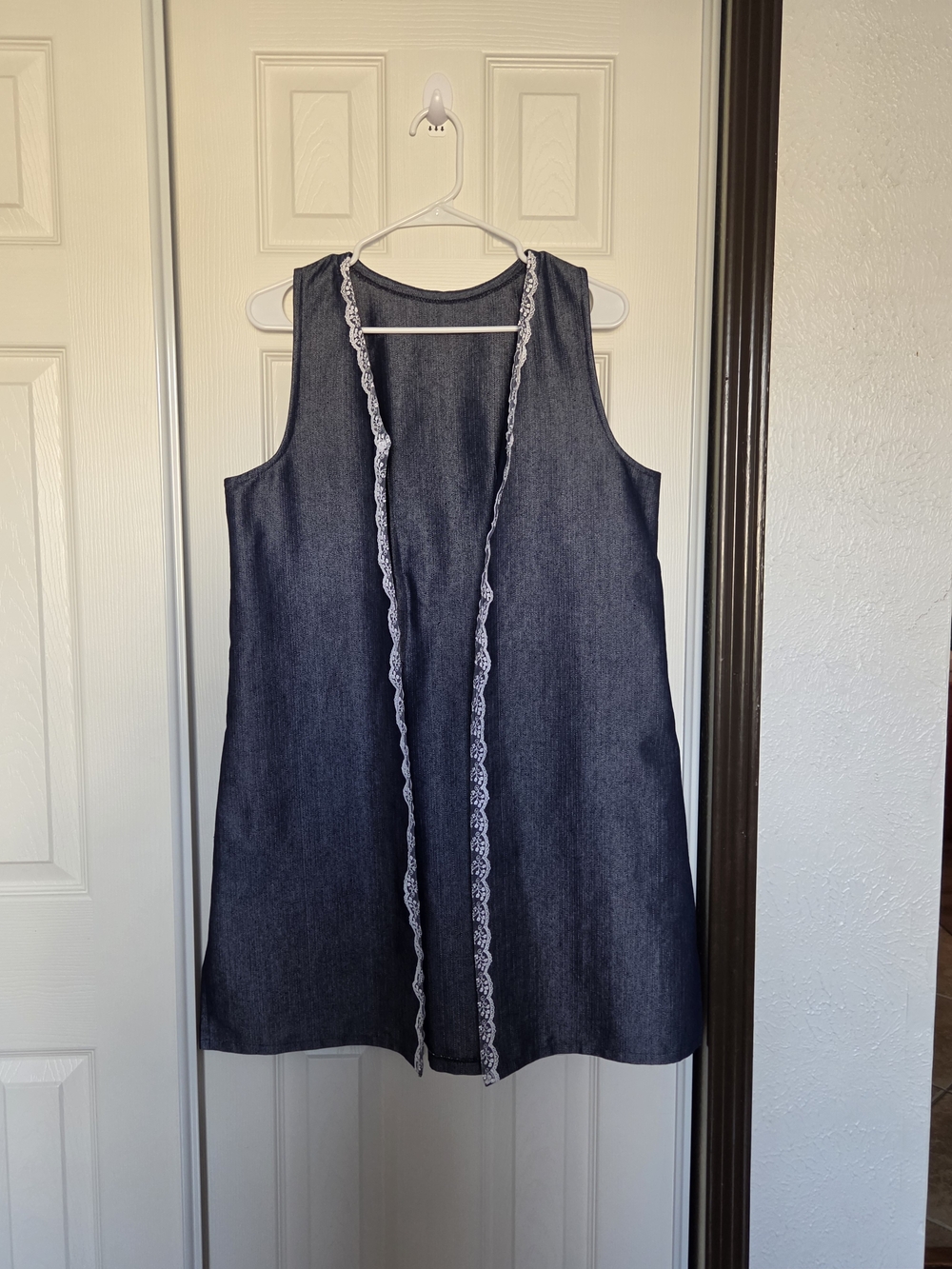 Dark Denim Sleeveless Shift Dress with Lace Trim